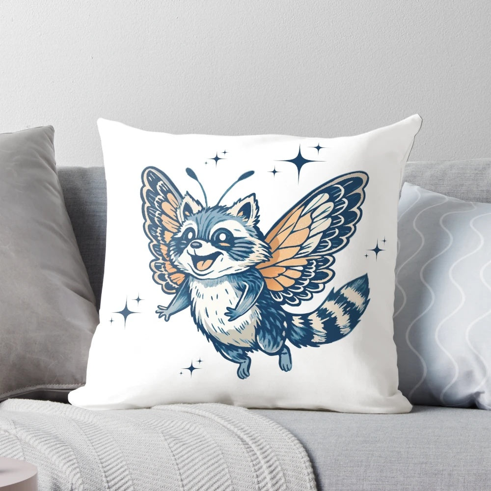 Vintage-inspired pillow featuring a raccoon with whimsical butterfly wings in a retro style design