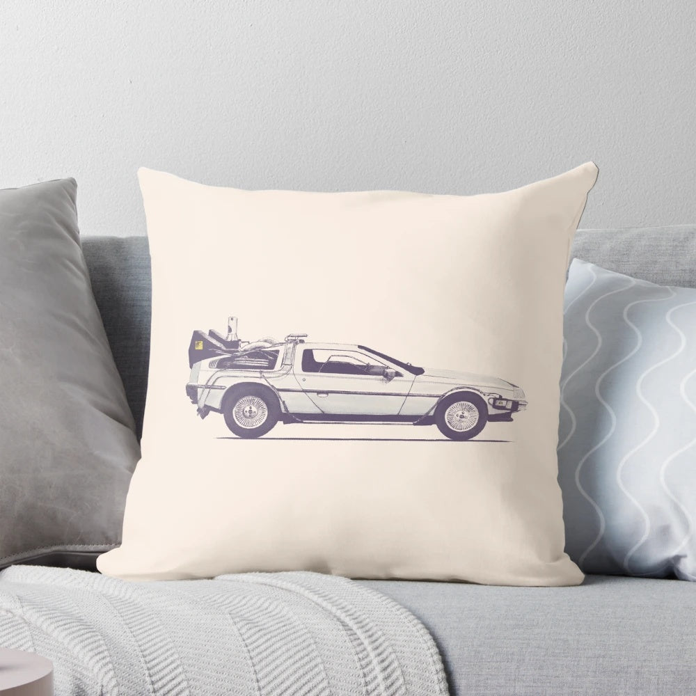 Vintage-inspired Delorean-style throw pillow for Back to the Future and retro car enthusiasts
