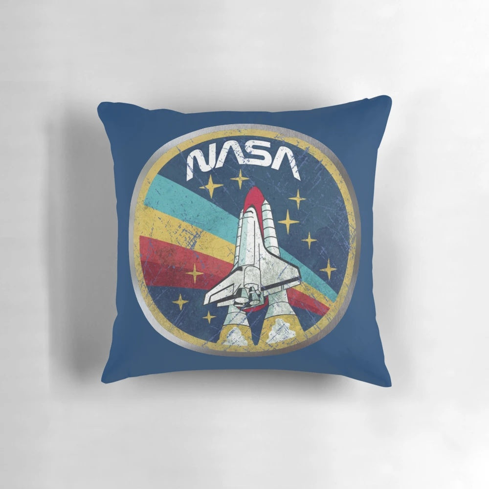 Retro vintage NASA-inspired pillow with a metal border design featuring the NASA logo and space-themed elements.