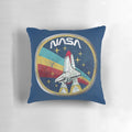Retro vintage NASA-inspired pillow with a metal border design featuring the NASA logo and space-themed elements.
