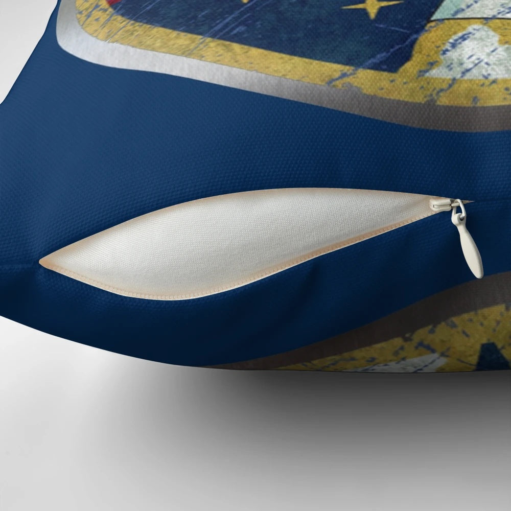 Retro vintage NASA-inspired pillow with a metal border design featuring the NASA logo and space-themed elements.