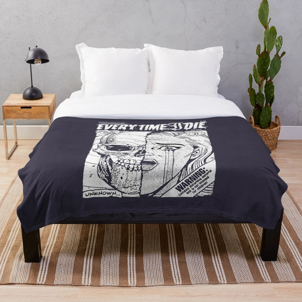 Retro vintage plush blanket featuring the Every Time I Die band logo and flower design