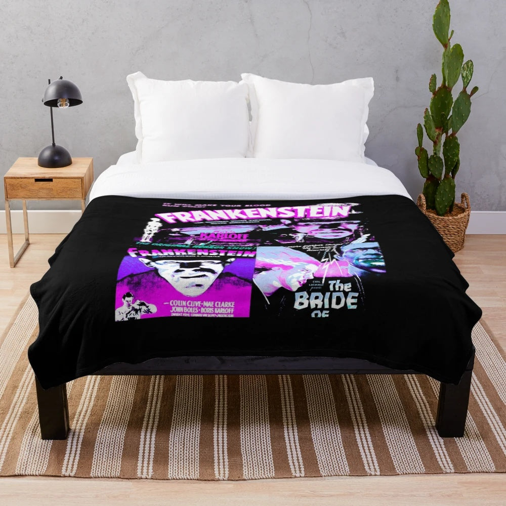 Retro vintage sci-fi horror monster plush blanket with classic movie collage design