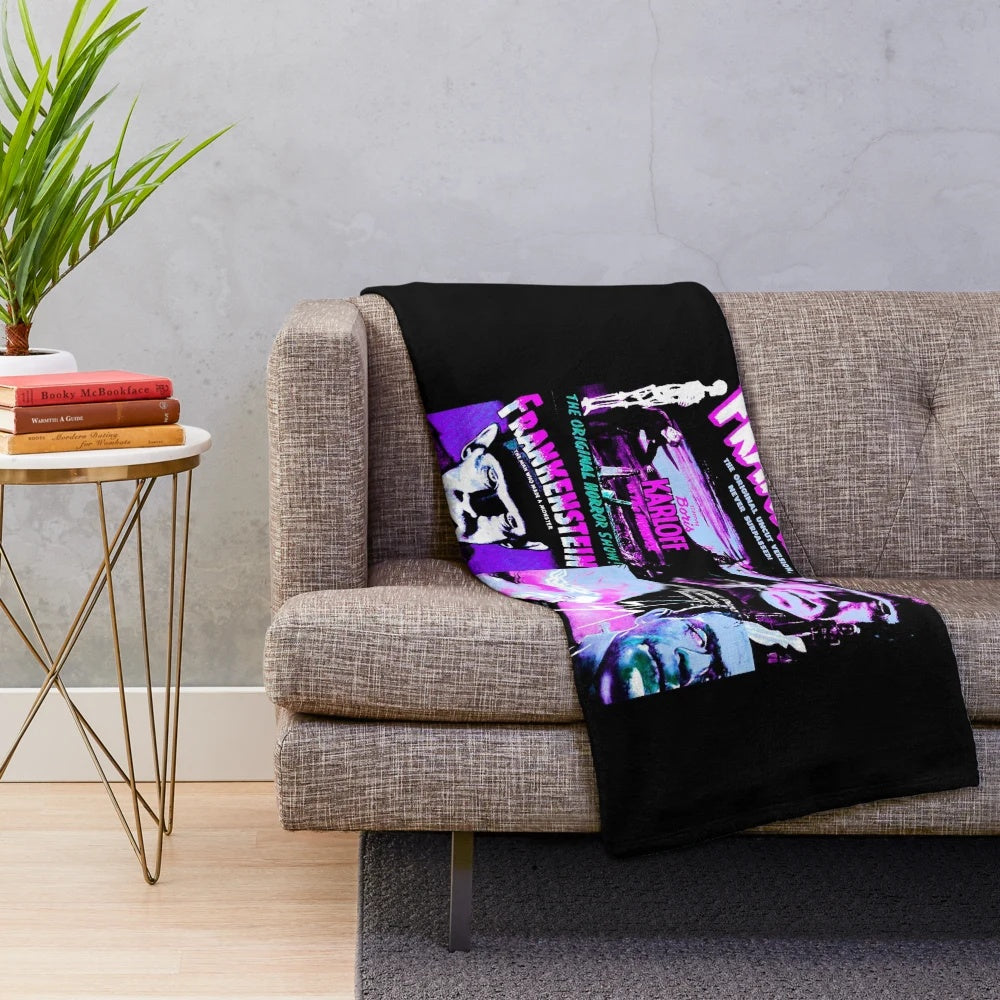 Retro vintage sci-fi horror monster plush blanket with classic movie collage design