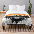 Retro vinyl record plush blanket with cityscape and sunset design