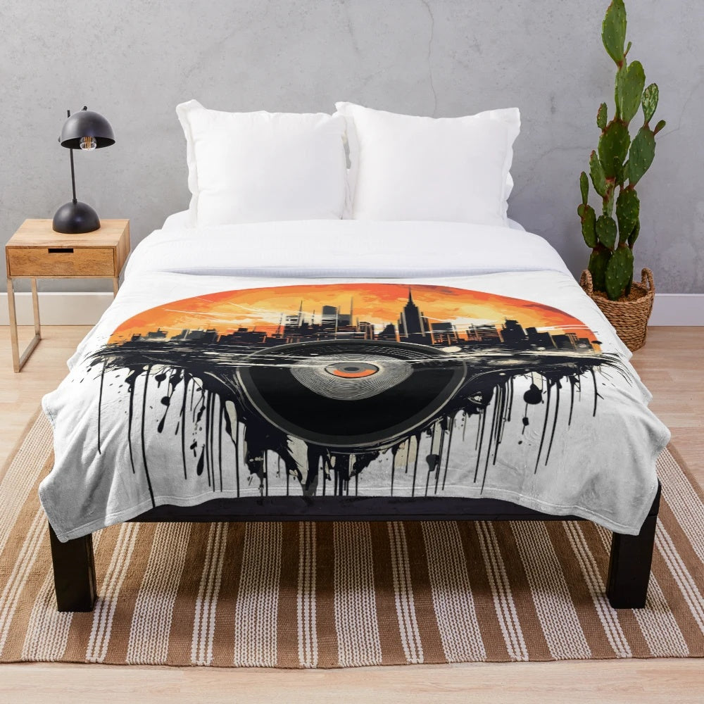 Retro vinyl record plush blanket with cityscape and sunset design