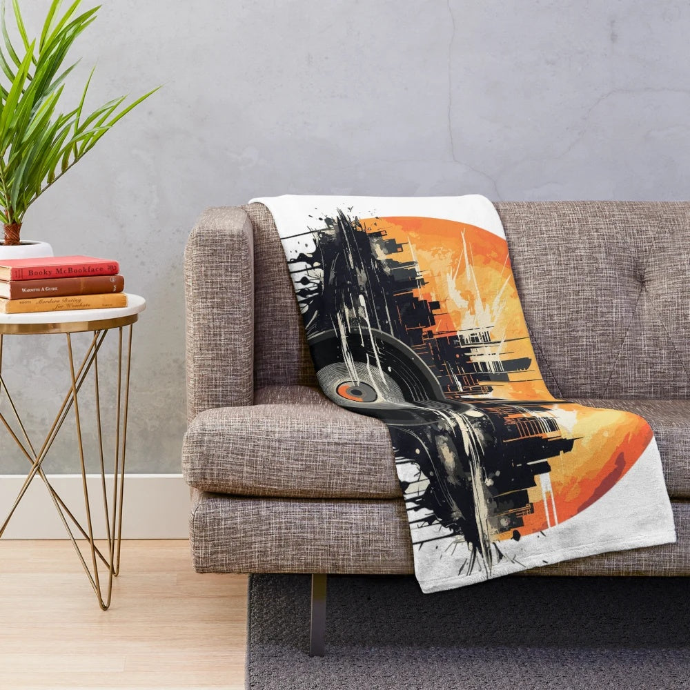 Retro vinyl record plush blanket with cityscape and sunset design