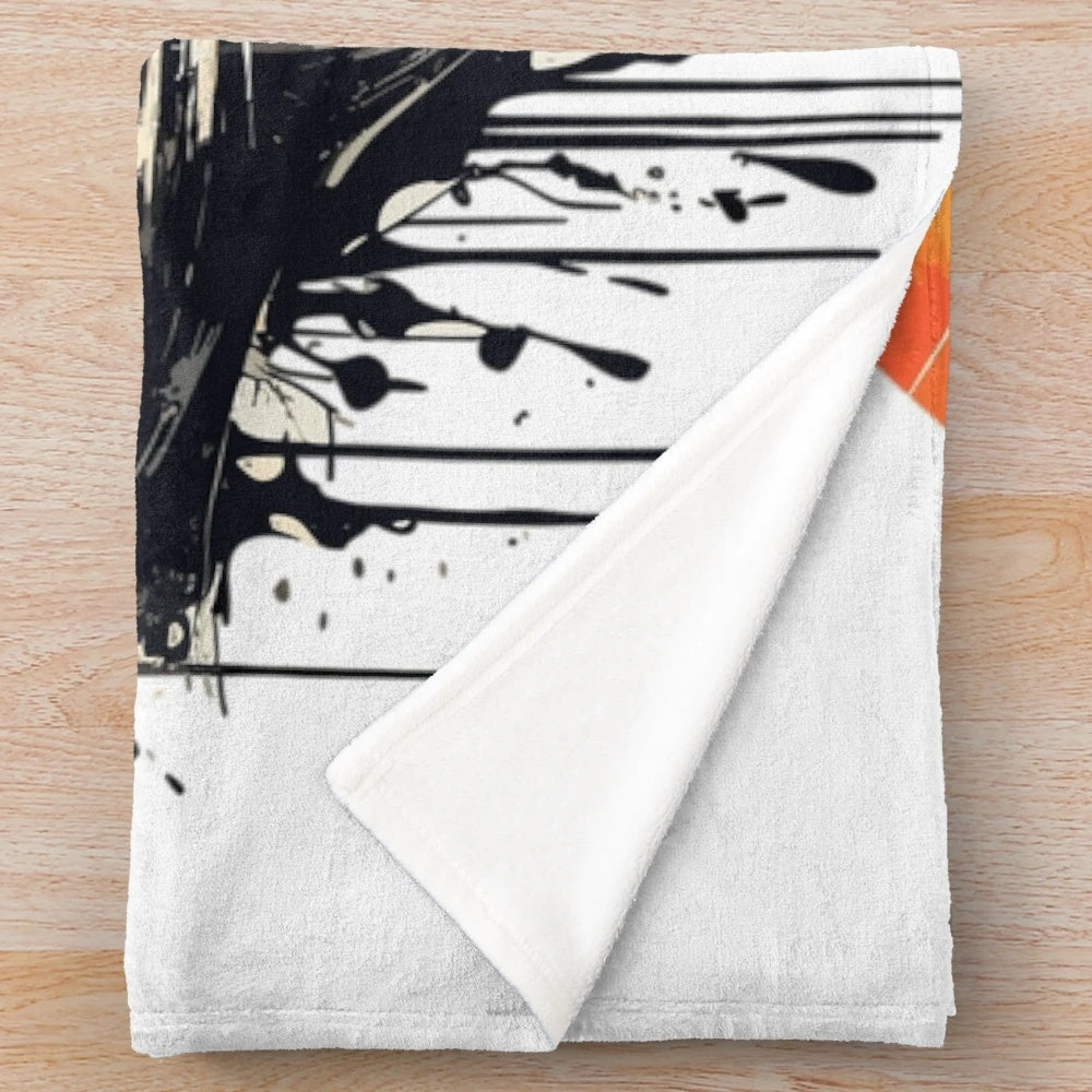 Retro vinyl record plush blanket with cityscape and sunset design