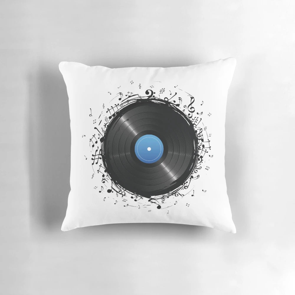 Vintage vinyl record-inspired throw pillow with music notes pattern