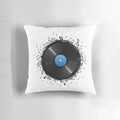 Vintage vinyl record-inspired throw pillow with music notes pattern