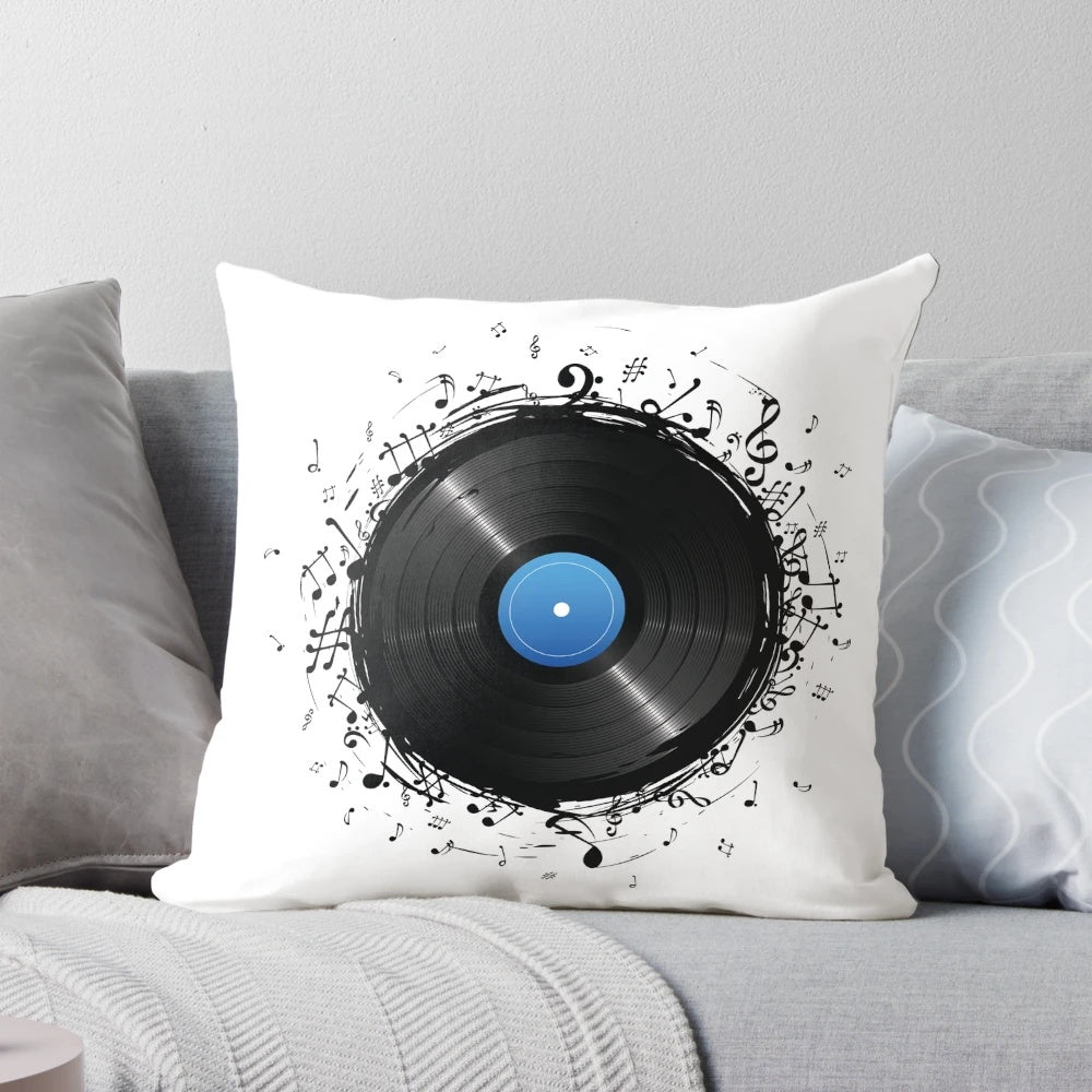 Vintage vinyl record-inspired throw pillow with music notes pattern