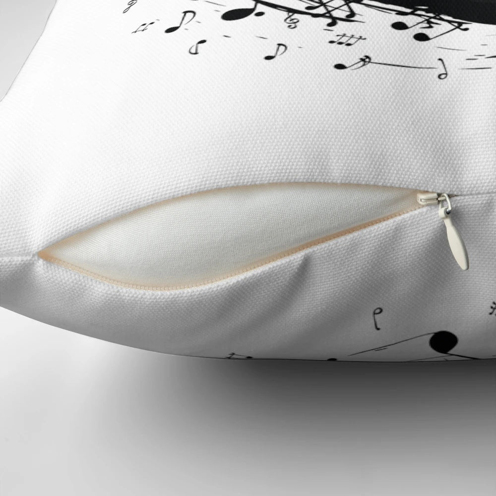 Vintage vinyl record-inspired throw pillow with music notes pattern