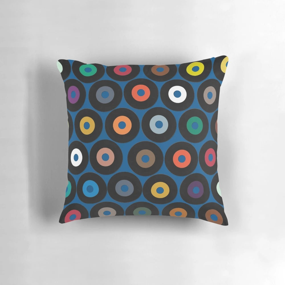 Retro vinyl record patterned blue polka dot decorative throw pillow