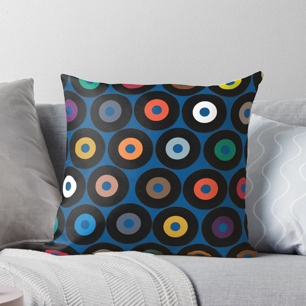 Retro vinyl record patterned blue polka dot decorative throw pillow