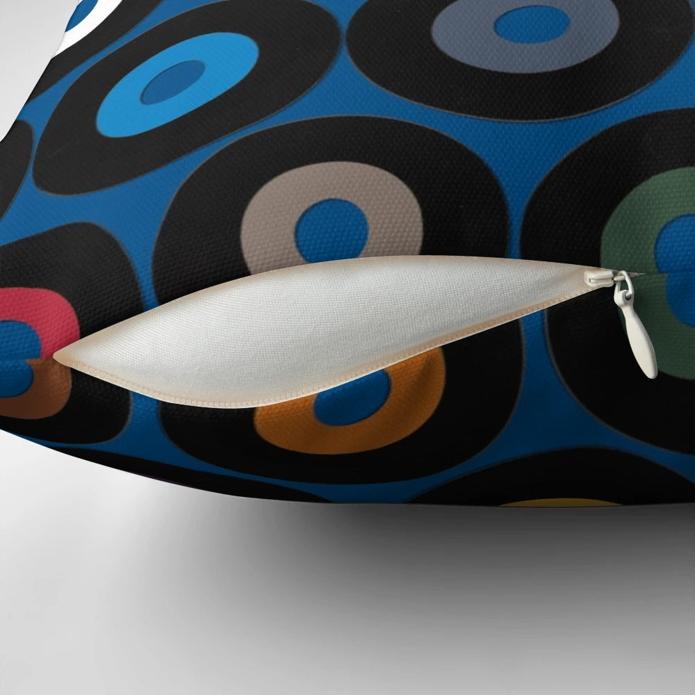 Retro vinyl record patterned blue polka dot decorative throw pillow