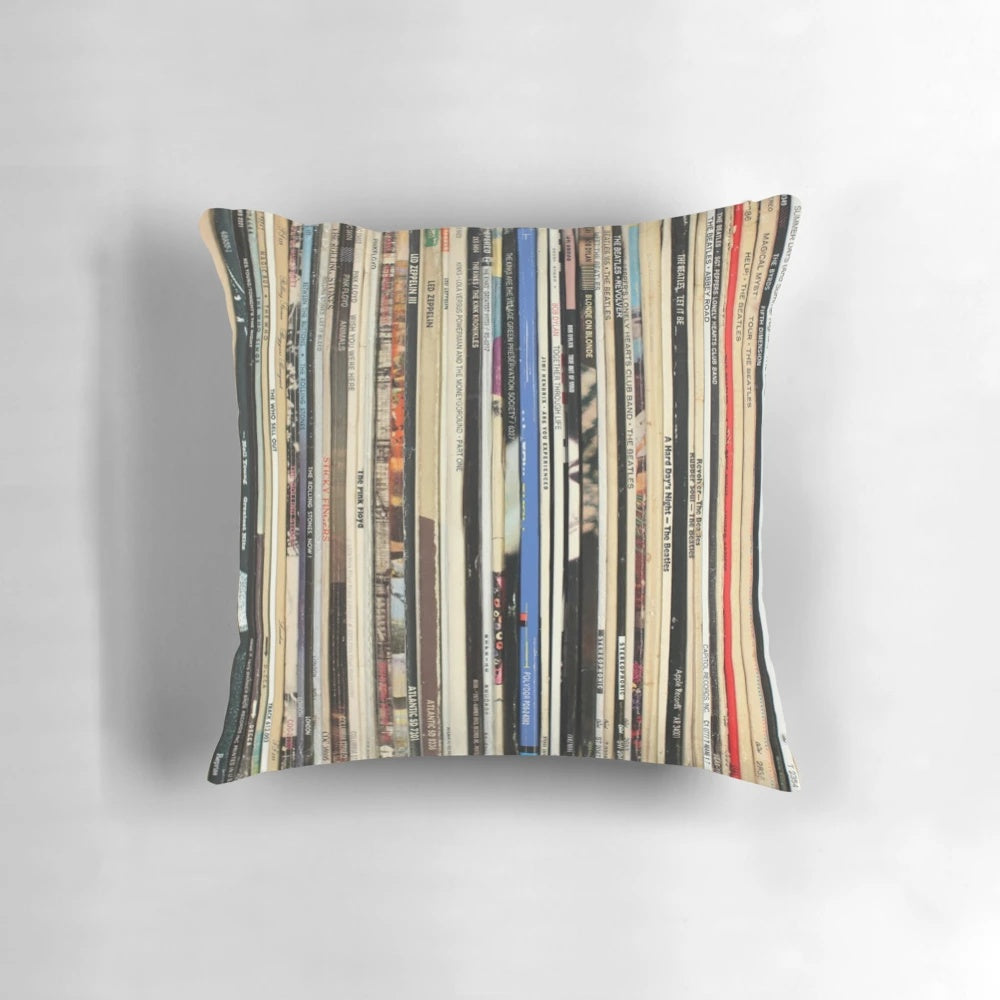 Retro vinyl record-themed decorative pillow with classic rock design