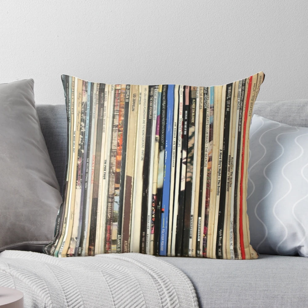 Retro vinyl record-themed decorative pillow with classic rock design