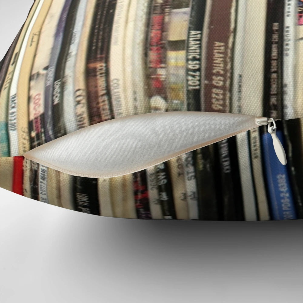 Retro vinyl record-themed decorative pillow with classic rock design