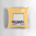 Vibrant blue vinyl record player throw pillow with a vintage, cartoon-style design.
