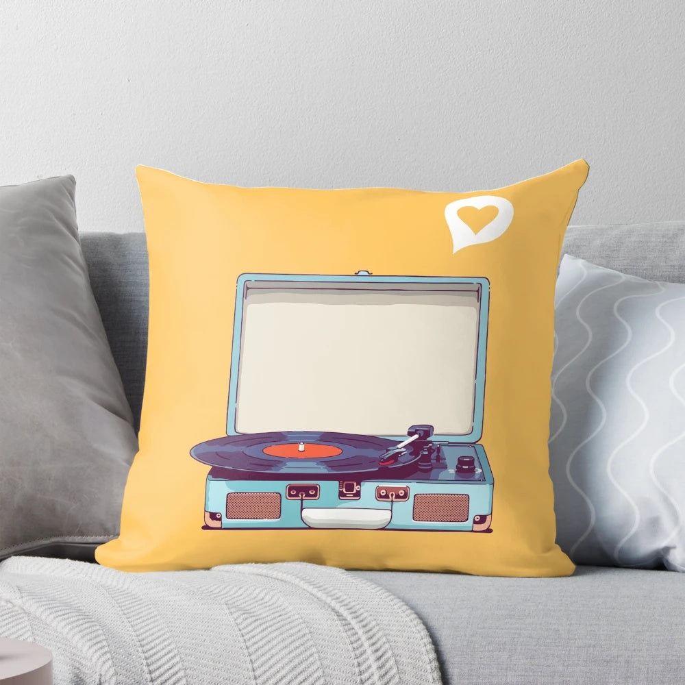 Vibrant blue vinyl record player throw pillow with a vintage, cartoon-style design.