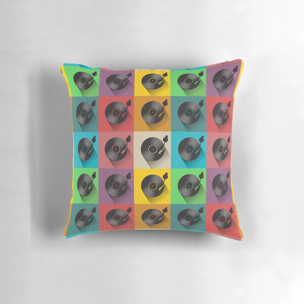 Vintage-inspired teal and white vinyl record player throw pillow for music enthusiasts