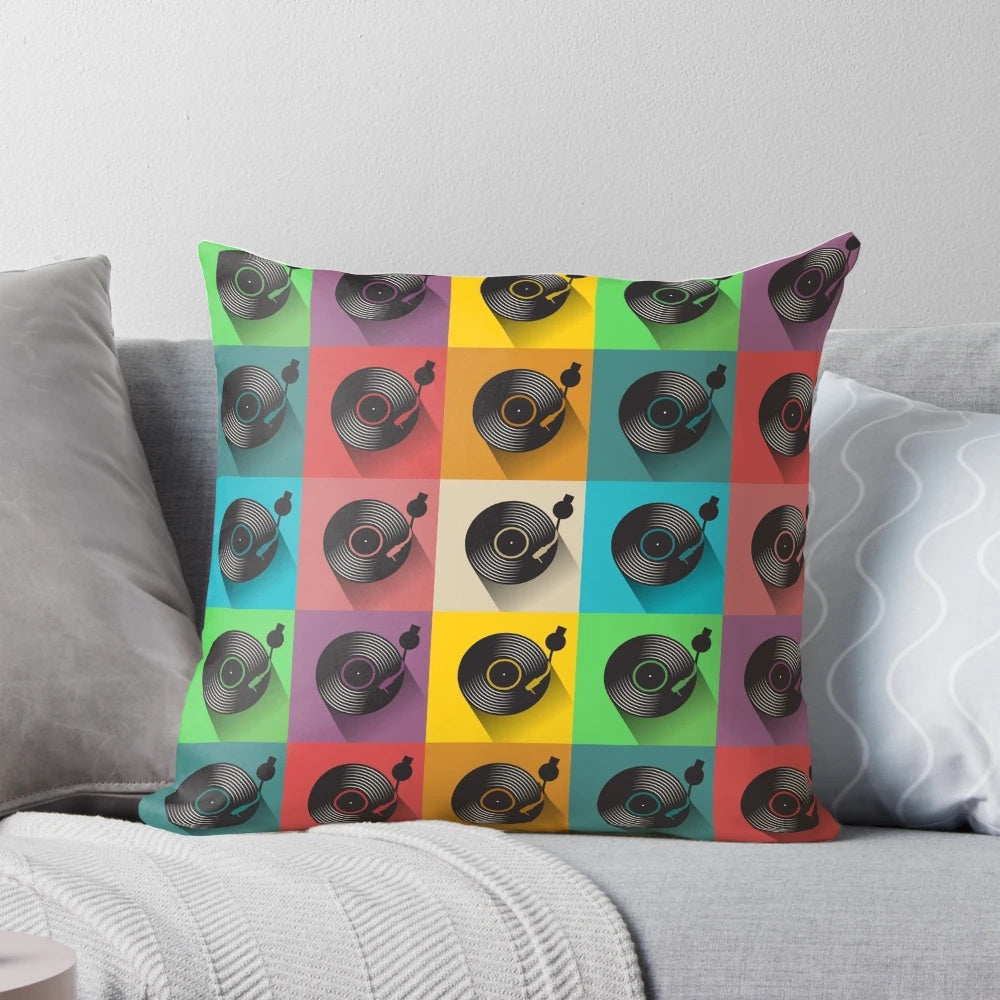 Vintage-inspired teal and white vinyl record player throw pillow for music enthusiasts