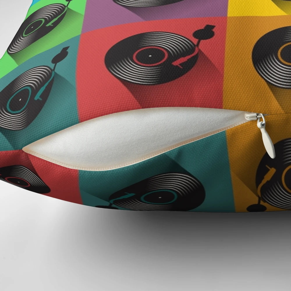 Vintage-inspired teal and white vinyl record player throw pillow for music enthusiasts