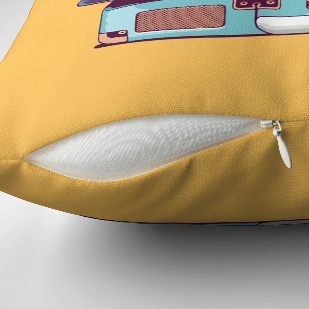Vibrant blue vinyl record player throw pillow with a vintage, cartoon-style design.