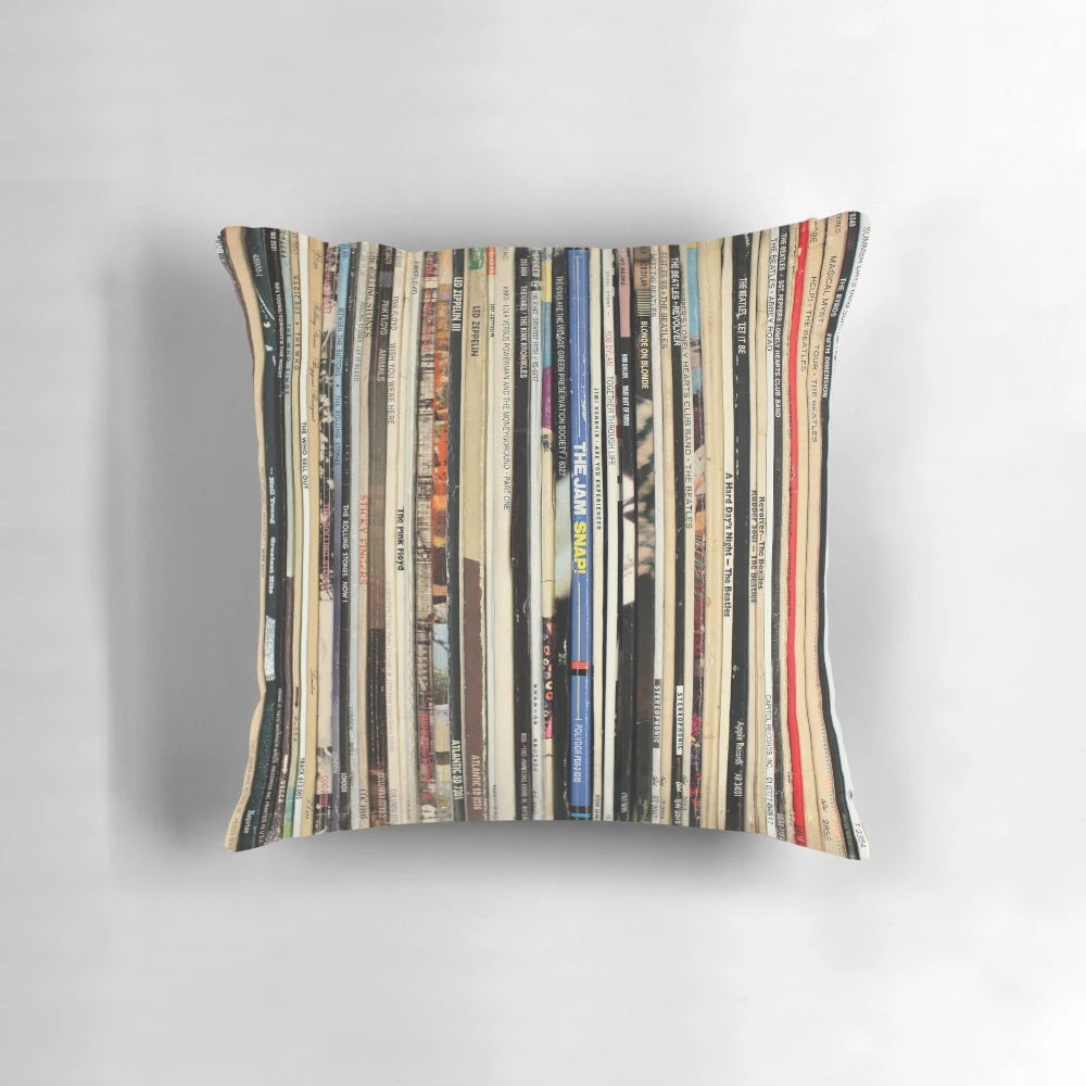 Decorative pillow featuring a classic rock vinyl record design