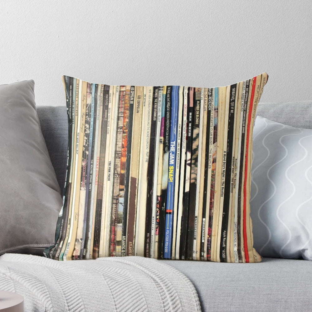 Decorative pillow featuring a classic rock vinyl record design