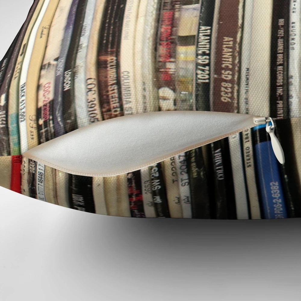 Decorative pillow featuring a classic rock vinyl record design