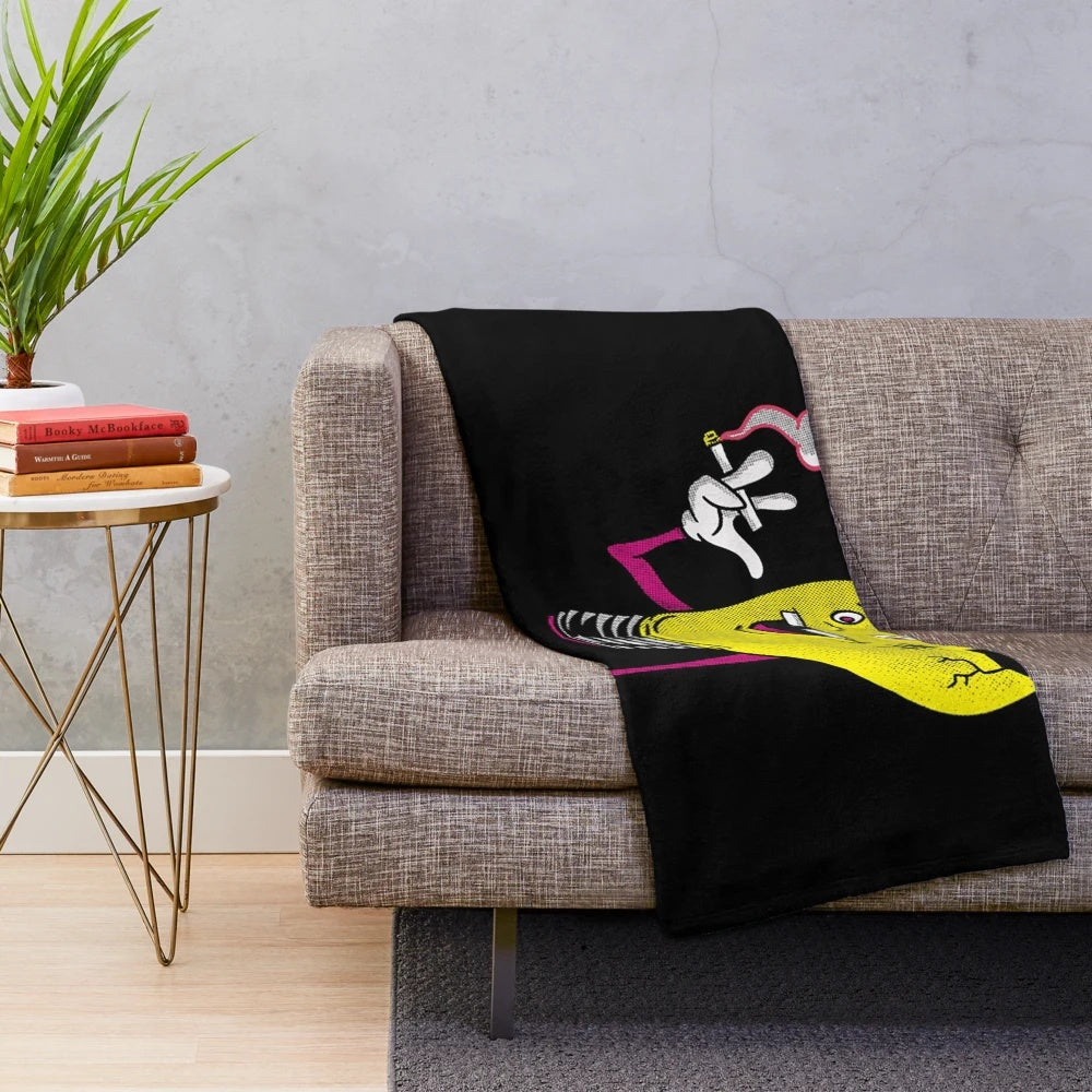 Retro-style plush blanket featuring a Vulga Bulb design inspired by the band Queens of the Stone Age