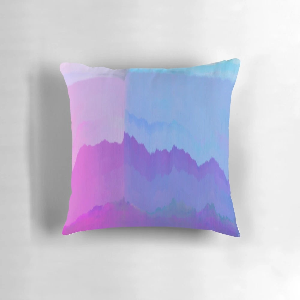 Vibrant pink and blue distorted wave pattern glitch art print on a pillow