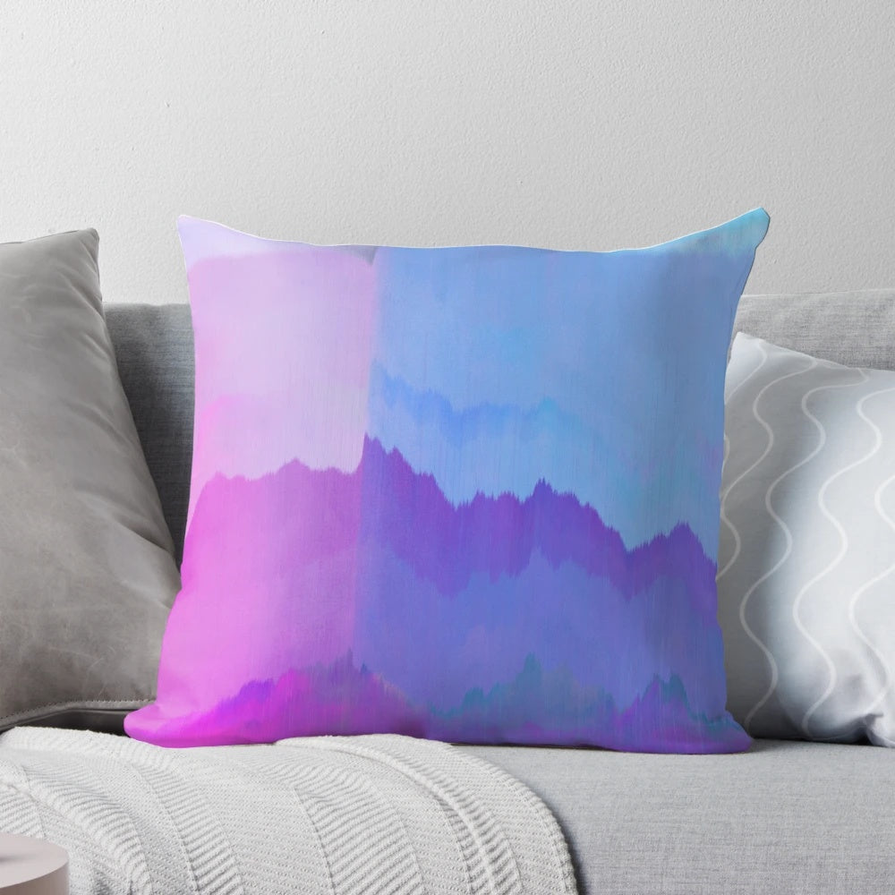 Vibrant pink and blue distorted wave pattern glitch art print on a pillow