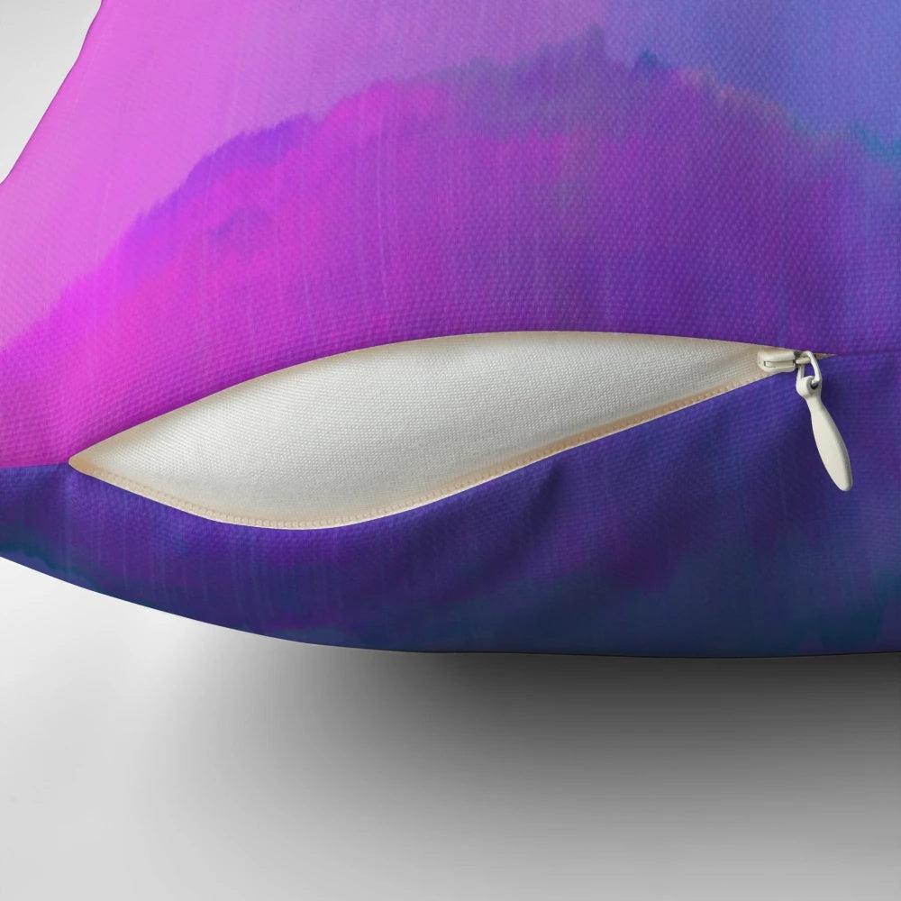 Vibrant pink and blue distorted wave pattern glitch art print on a pillow
