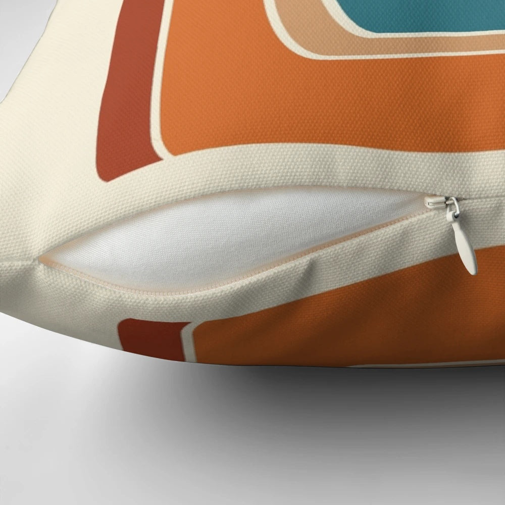 Mod Wave Space Pillow with retro, curved wave design in blue, orange, red, and black on a cream background