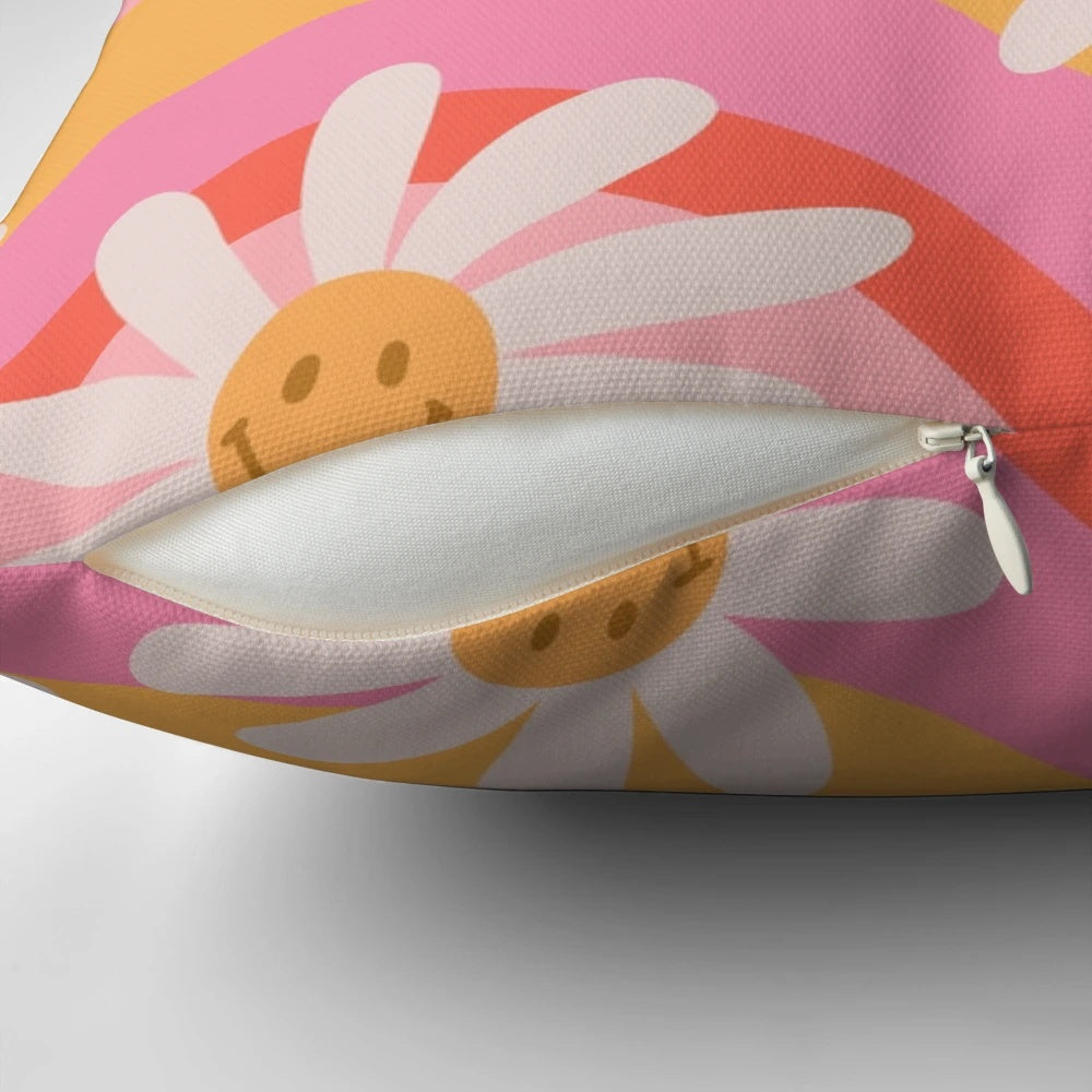 Vibrant retro floral print with wavy daisies and a cheerful, psychedelic design on a throw pillow for modern, bohemian home decor.