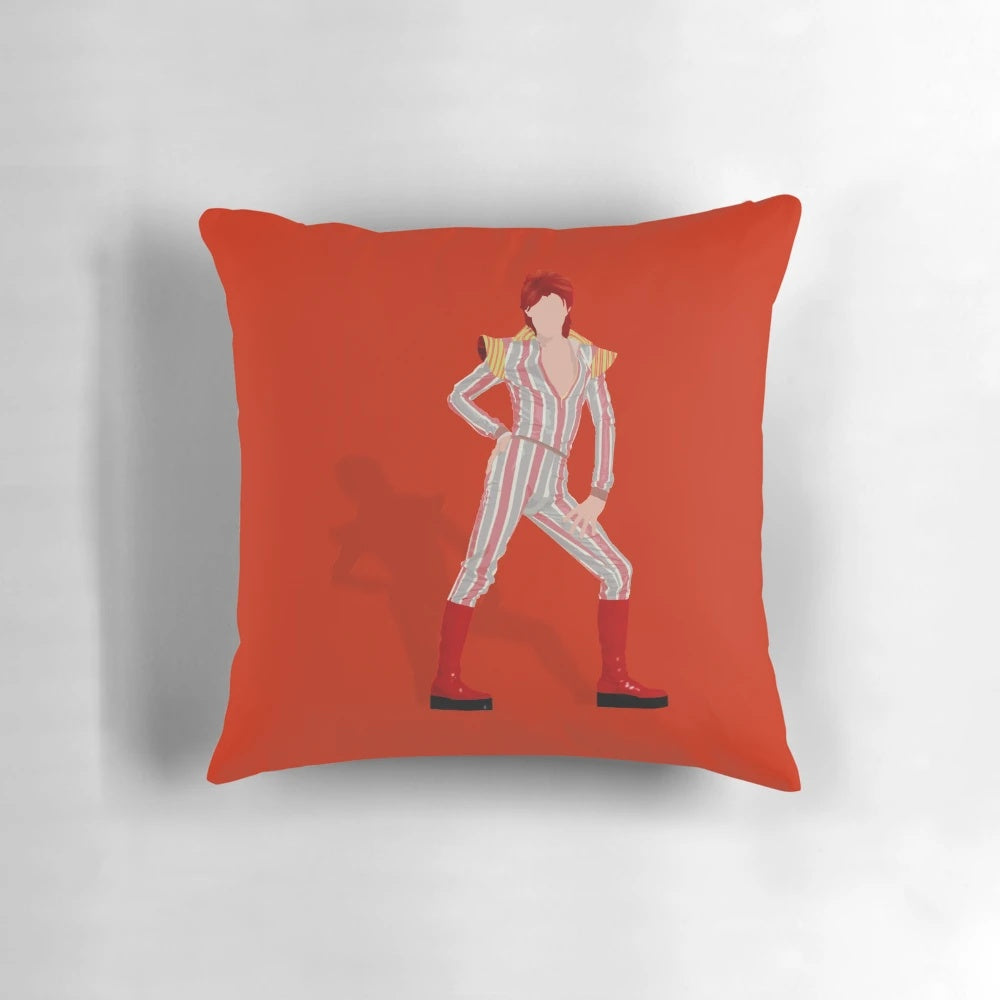 Retro-style throw pillow featuring the iconic Ziggy Stardust persona of musician David Bowie