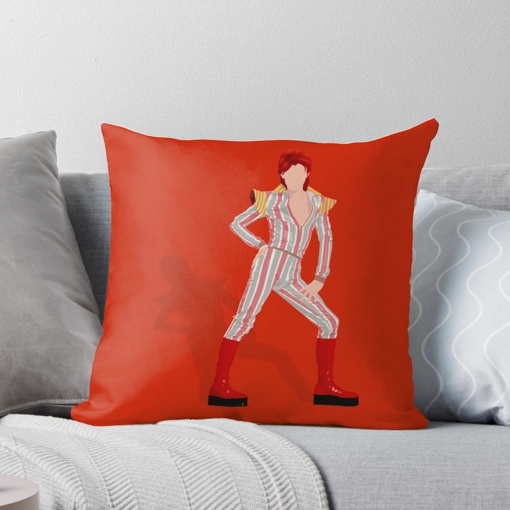 Retro-style throw pillow featuring the iconic Ziggy Stardust persona of musician David Bowie