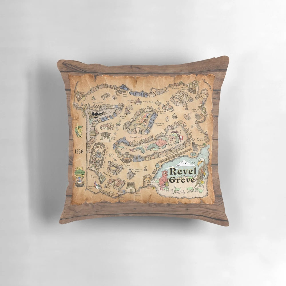 Detailed medieval map of Revel Grove featuring the Dragon Inn, White Hart Tavern, and other historic landmarks on a high-quality pillow.