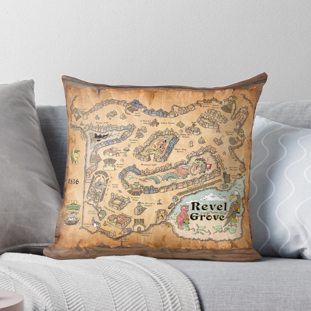 Detailed medieval map of Revel Grove featuring the Dragon Inn, White Hart Tavern, and other historic landmarks on a high-quality pillow.
