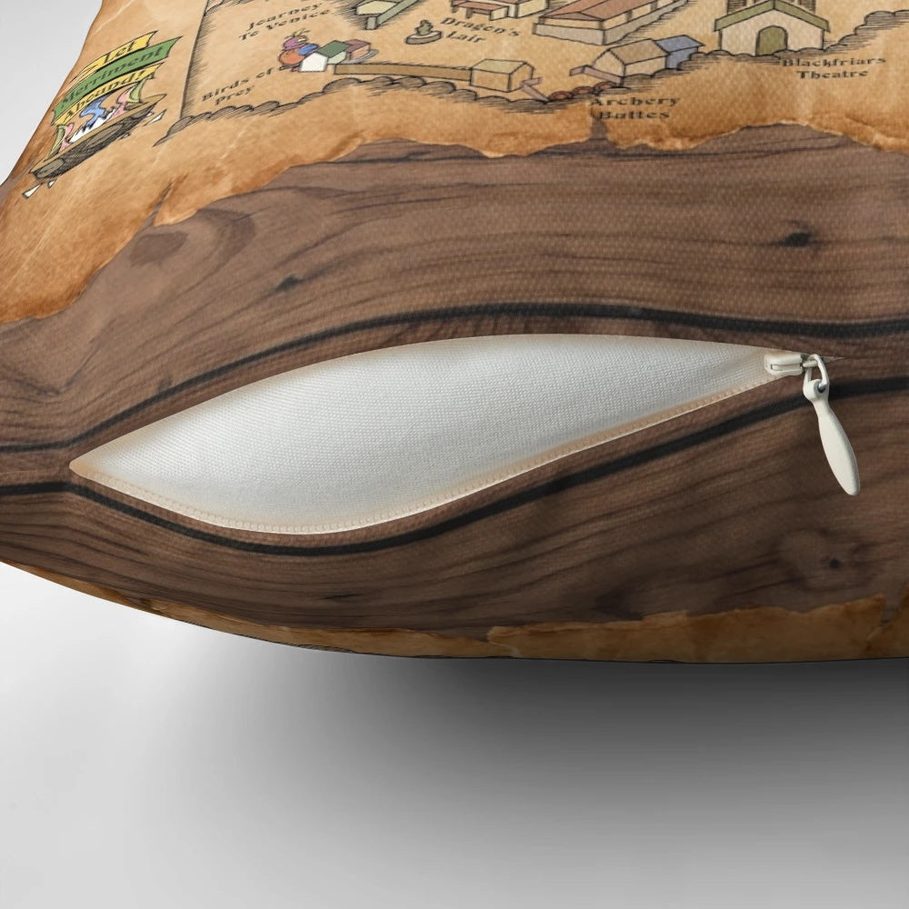 Detailed medieval map of Revel Grove featuring the Dragon Inn, White Hart Tavern, and other historic landmarks on a high-quality pillow.