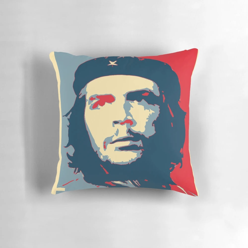 Vibrant Che Guevara portrait printed on a soft, decorative pillow with a message of hope and revolution.