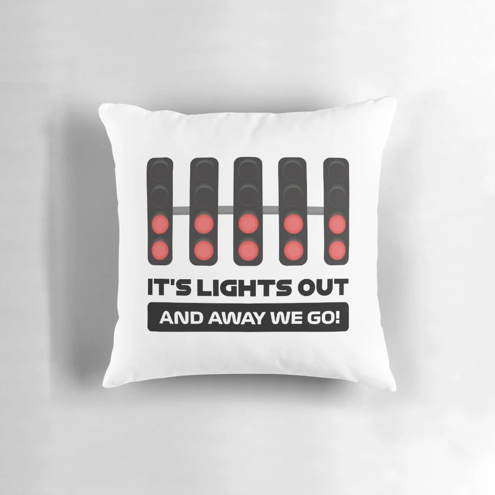 Formula 1 inspired pillow with the phrase "It's Lights Out and Away We Go!
