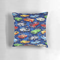 Colorful pattern pillow featuring vintage and classic muscle cars in shades of blue