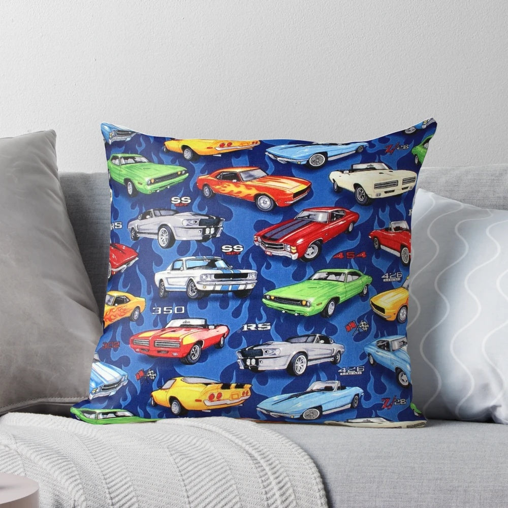 Colorful pattern pillow featuring vintage and classic muscle cars in shades of blue
