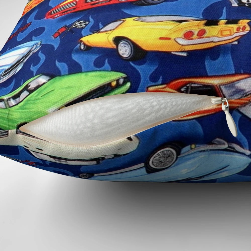 Colorful pattern pillow featuring vintage and classic muscle cars in shades of blue