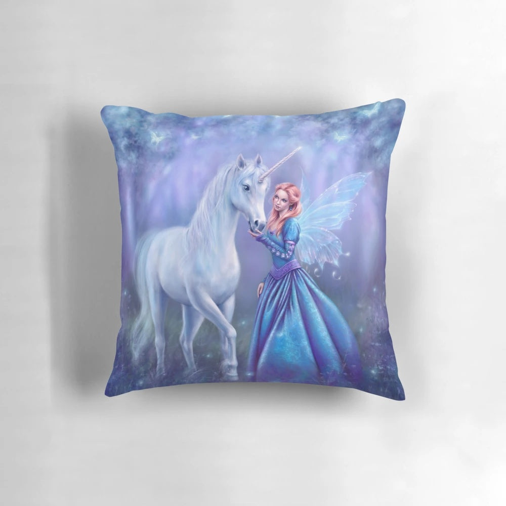 Rhiannon unicorn fairy fantasy decor pillow with vibrant blue, purple, and green colors