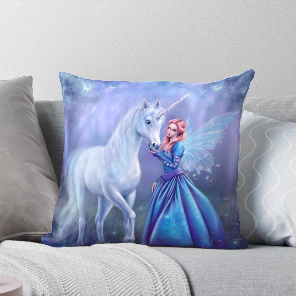Rhiannon unicorn fairy fantasy decor pillow with vibrant blue, purple, and green colors