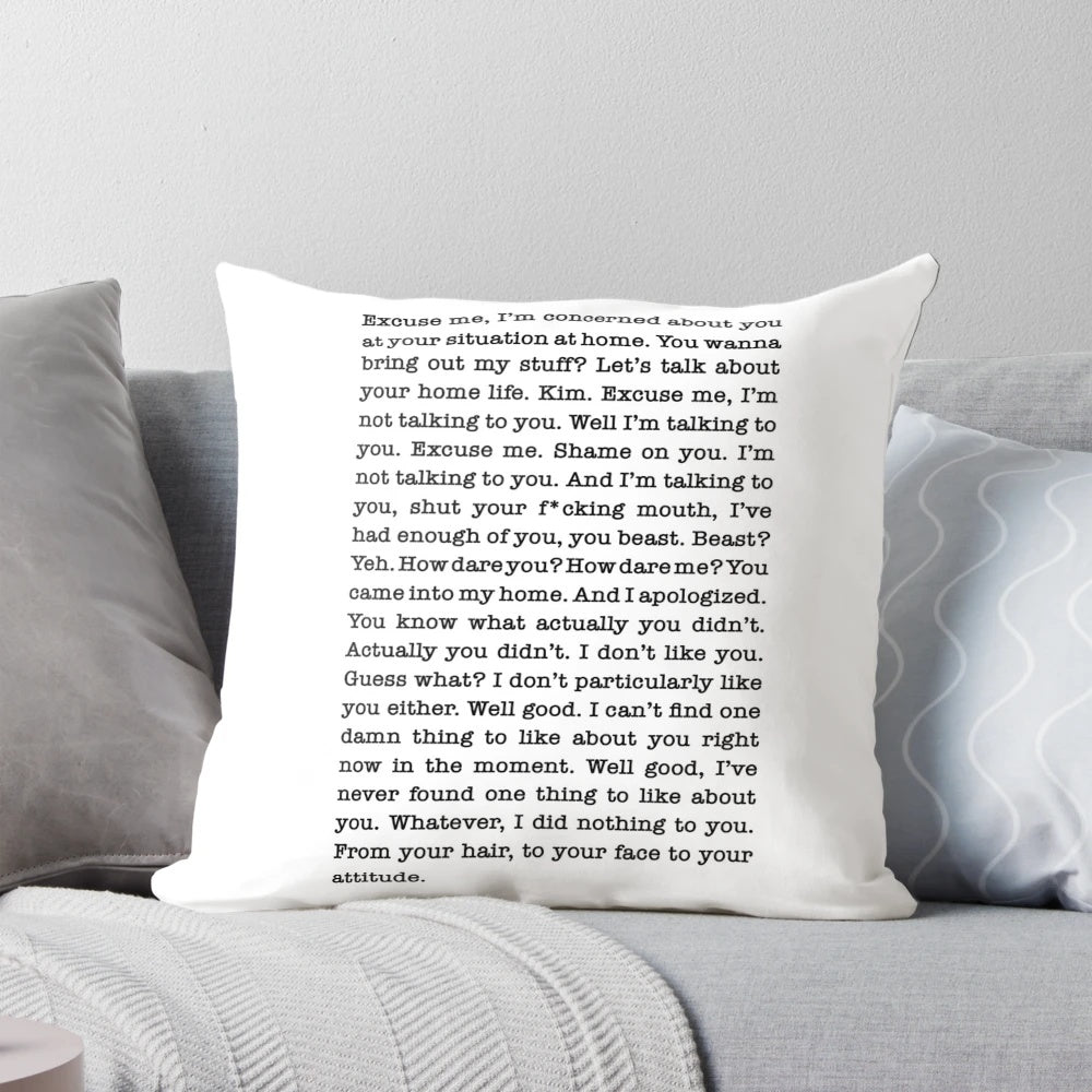 Decorative pillow featuring a graphic design inspired by the feud between Kim Richards and Eileen Davidson on The Real Housewives of Beverly Hills